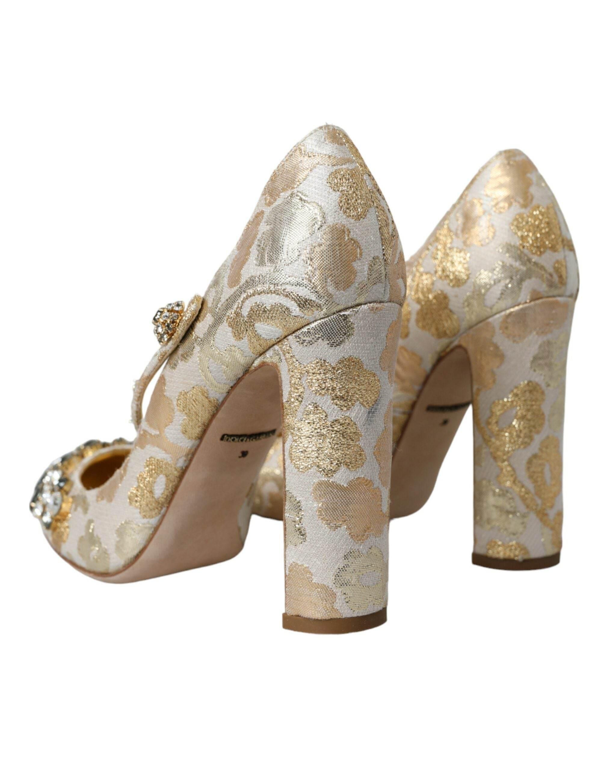 Dolce & Gabbana Gold Jacquard Crystal Mary Janes Pumps Shoes - Hilstor