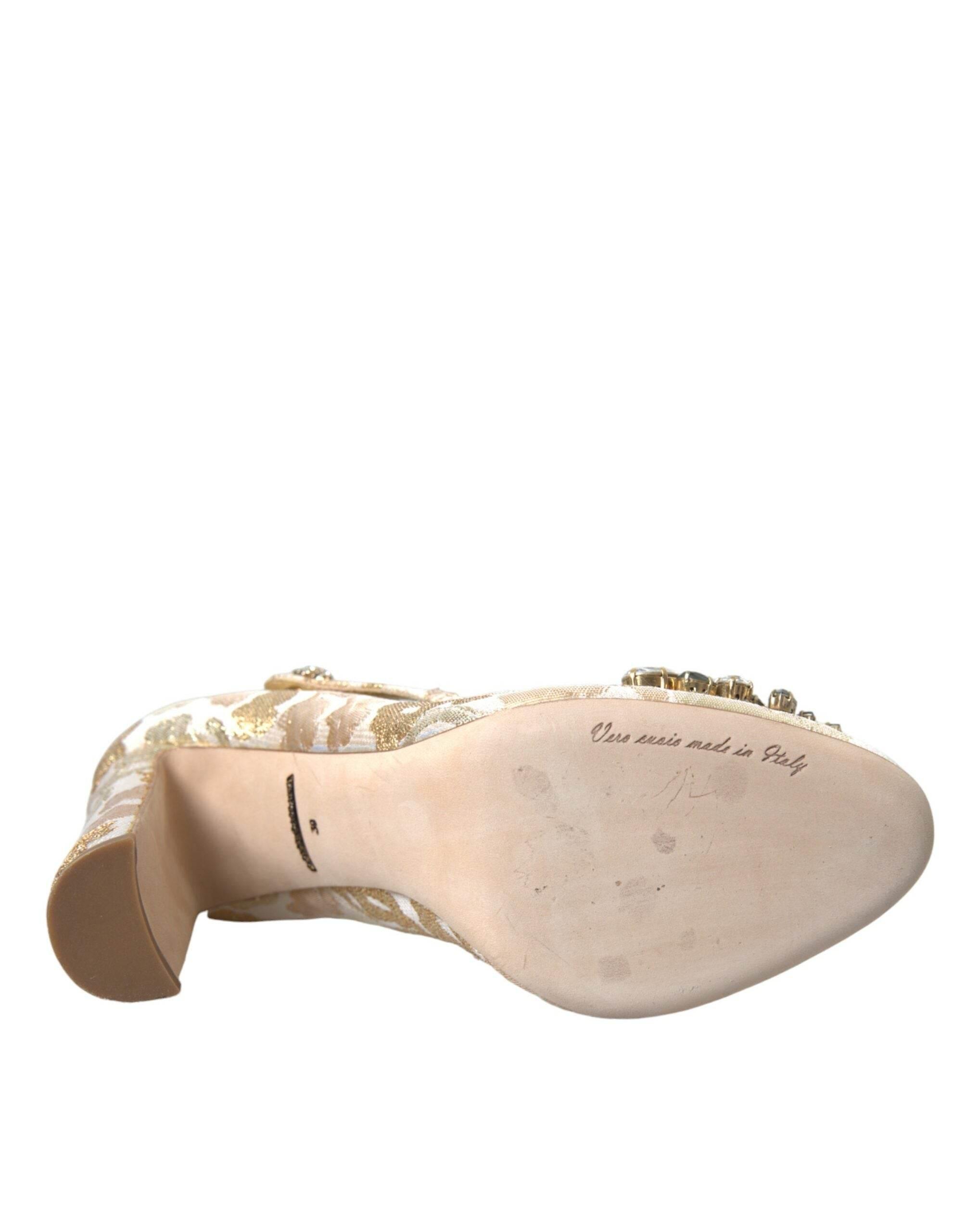 Dolce & Gabbana Gold Jacquard Crystal Mary Janes Pumps Shoes - Hilstor