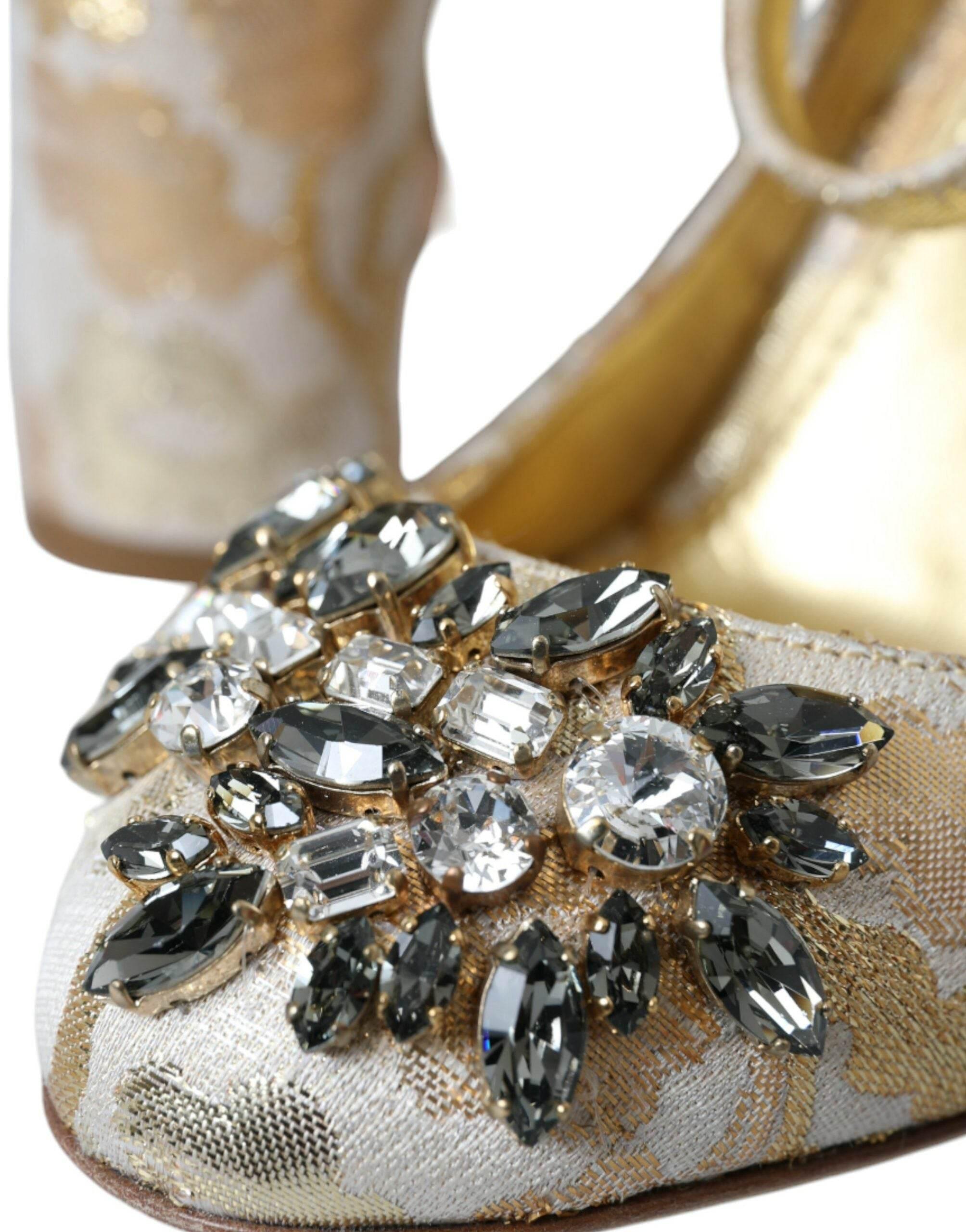 Dolce & Gabbana Gold Jacquard Crystal Mary Janes Pumps Shoes - Hilstor