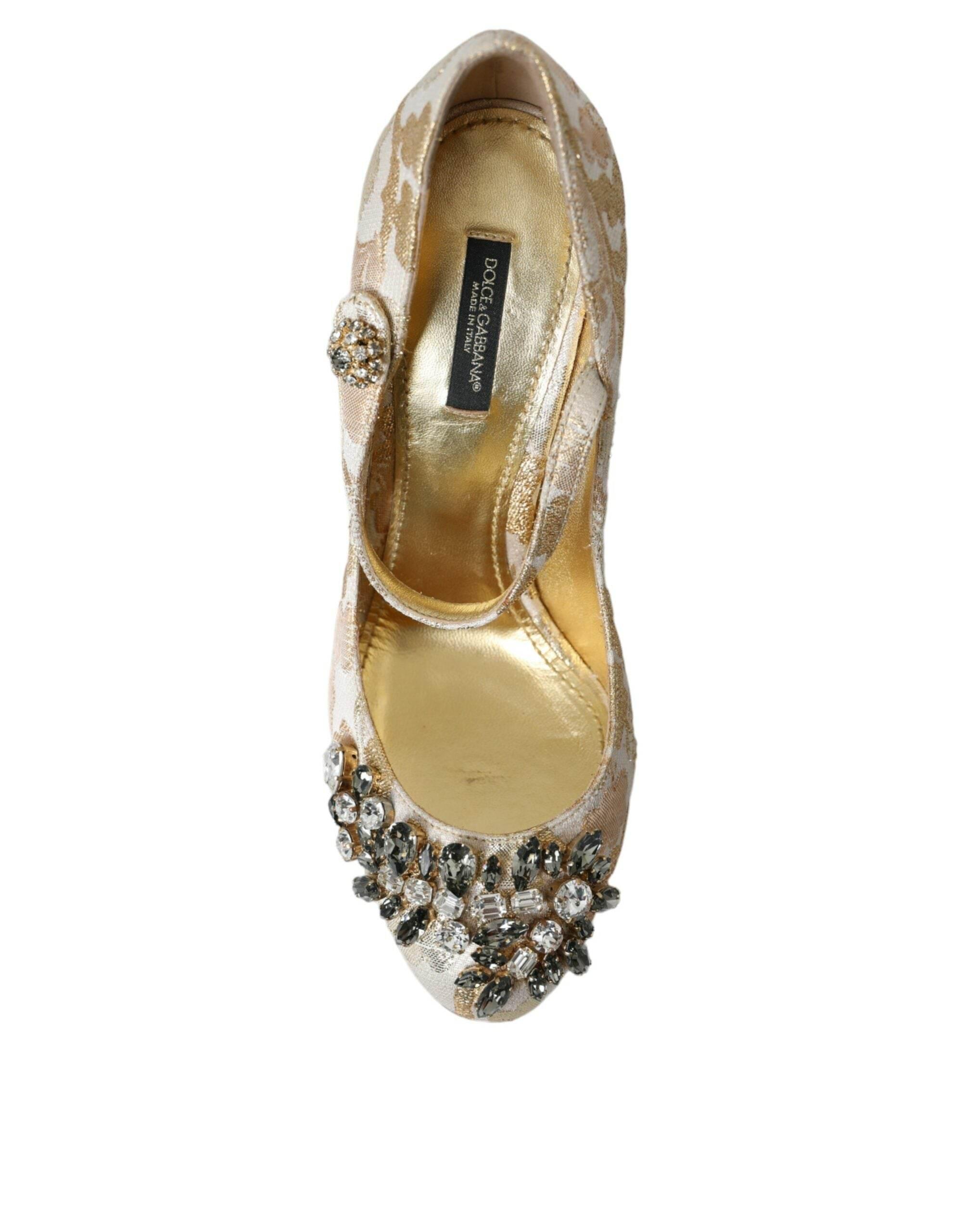 Dolce & Gabbana Gold Jacquard Crystal Mary Janes Pumps Shoes - Hilstor