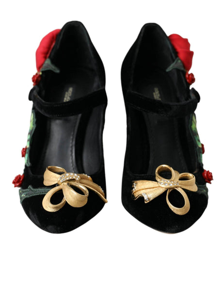 Dolce & Gabbana Black Roses Crystal Brooch Mary Jane Shoes - Hilstor