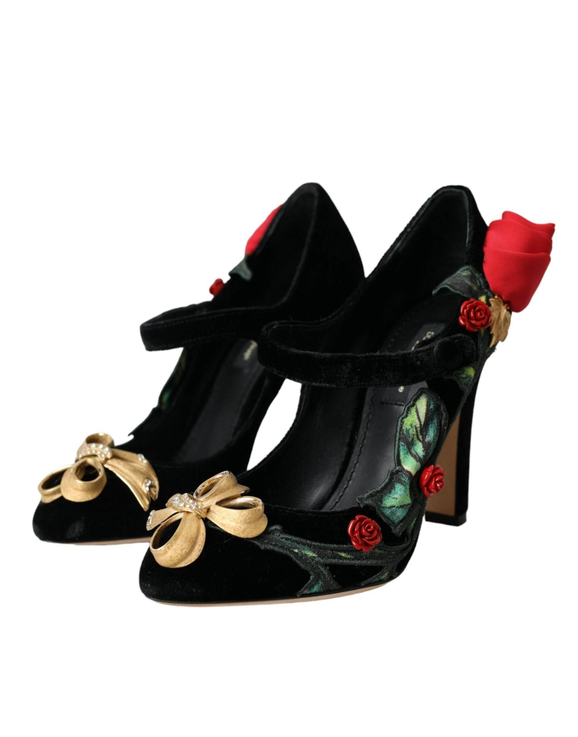 Dolce & Gabbana Black Roses Crystal Brooch Mary Jane Shoes - Hilstor