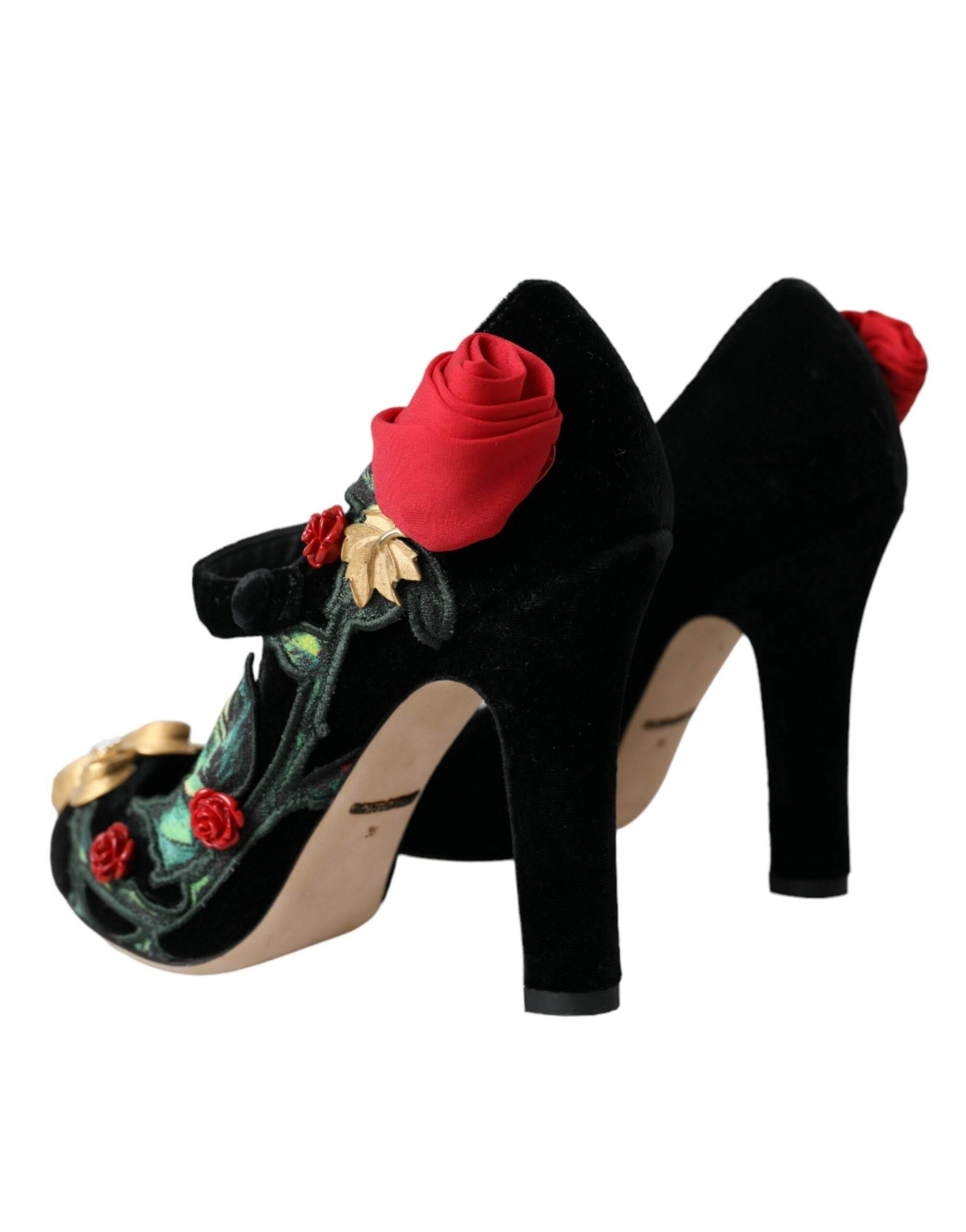 Dolce & Gabbana Black Roses Crystal Brooch Mary Jane Shoes - Hilstor