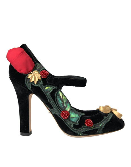Dolce & Gabbana Black Roses Crystal Brooch Mary Jane Shoes - Hilstor