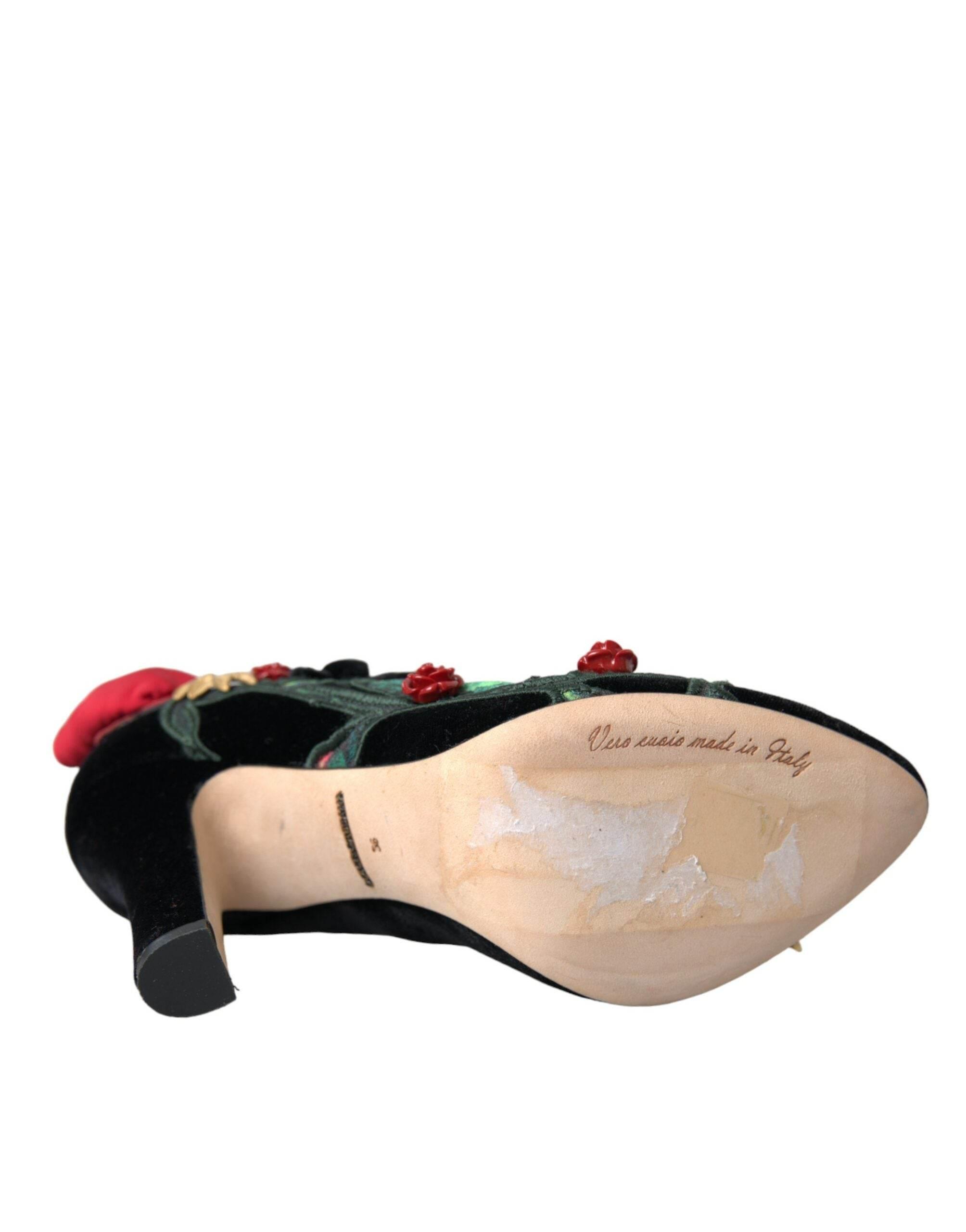 Dolce & Gabbana Black Roses Crystal Brooch Mary Jane Shoes - Hilstor