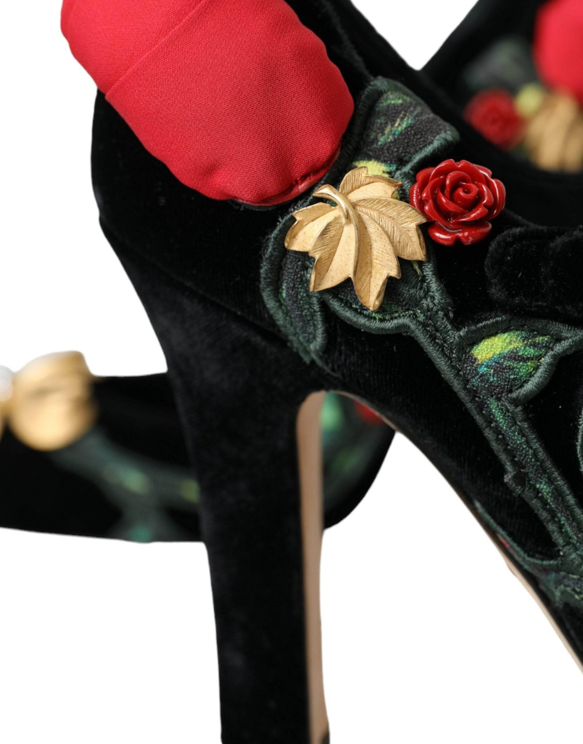 Dolce & Gabbana Black Roses Crystal Brooch Mary Jane Shoes - Hilstor