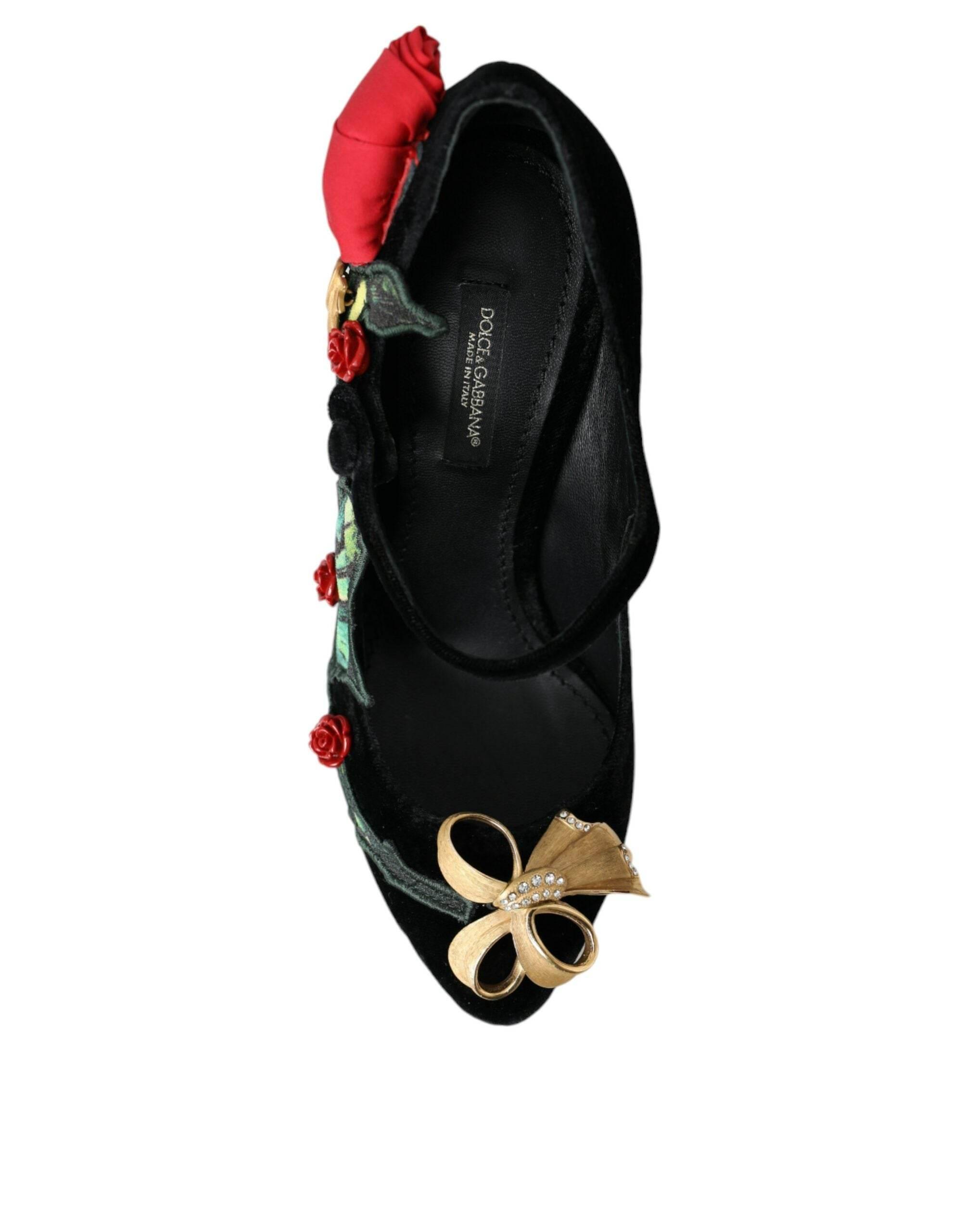 Dolce & Gabbana Black Roses Crystal Brooch Mary Jane Shoes - Hilstor