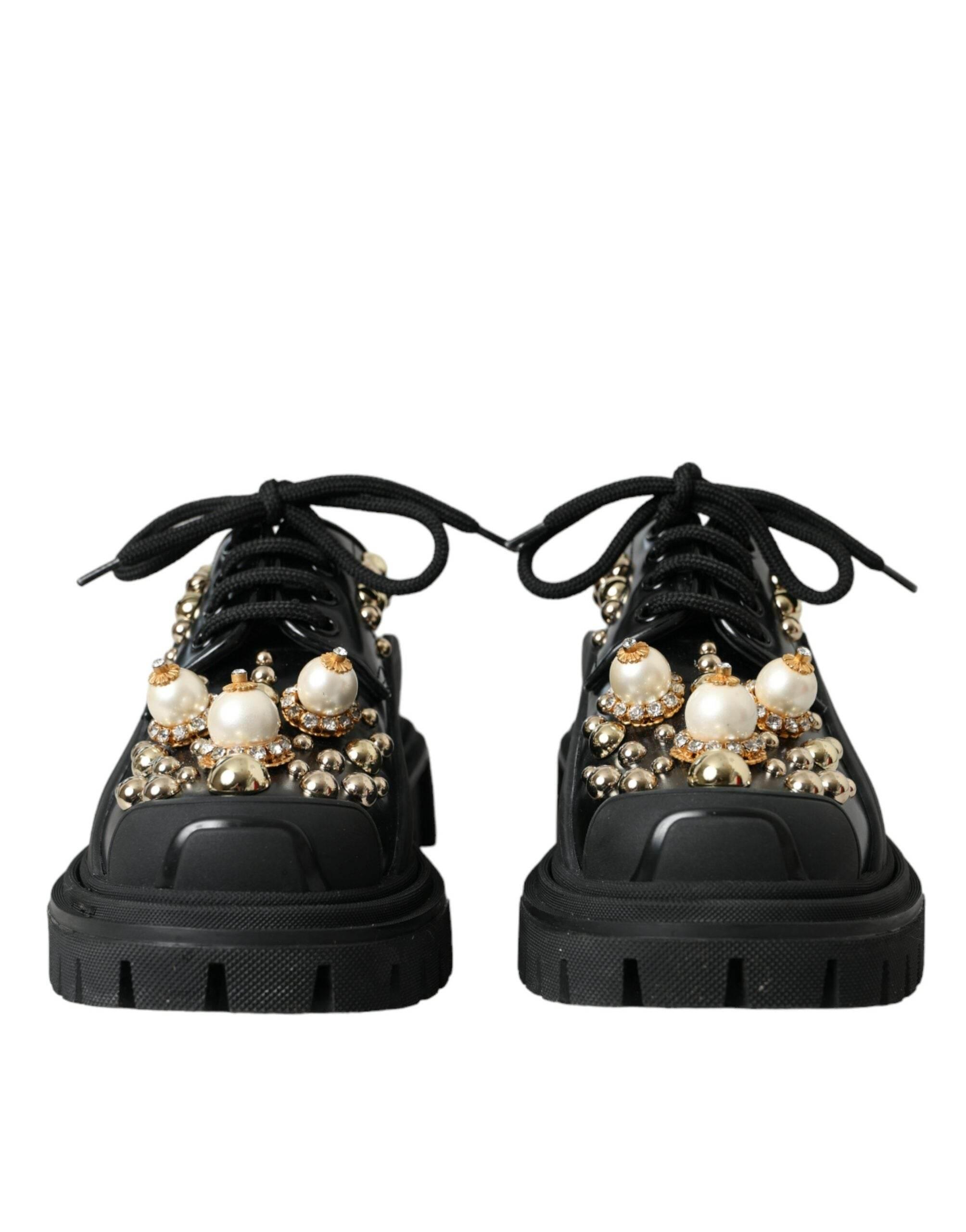 Dolce & Gabbana Black Leather Trekking Derby Embellished Shoes - Hilstor