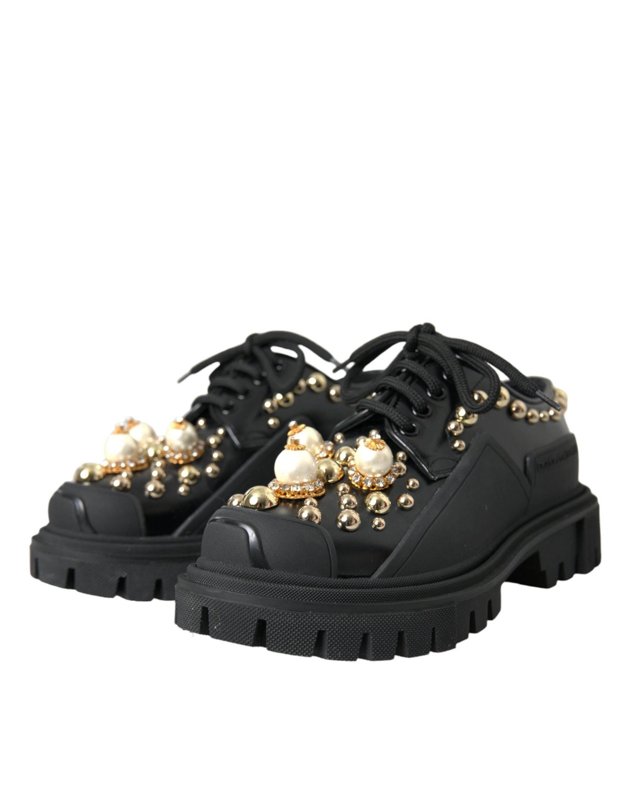 Dolce & Gabbana Black Leather Trekking Derby Embellished Shoes - Hilstor