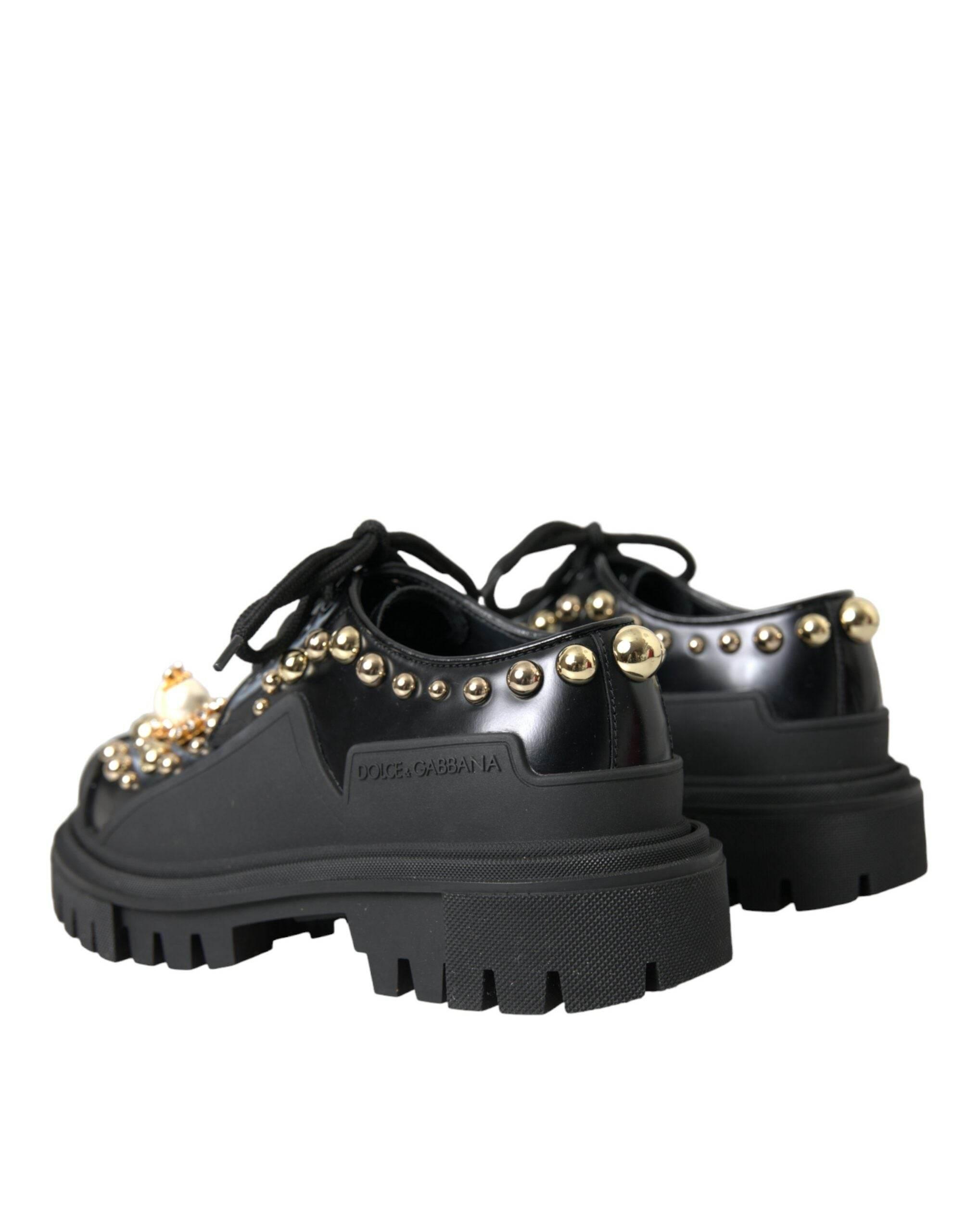 Dolce & Gabbana Black Leather Trekking Derby Embellished Shoes - Hilstor