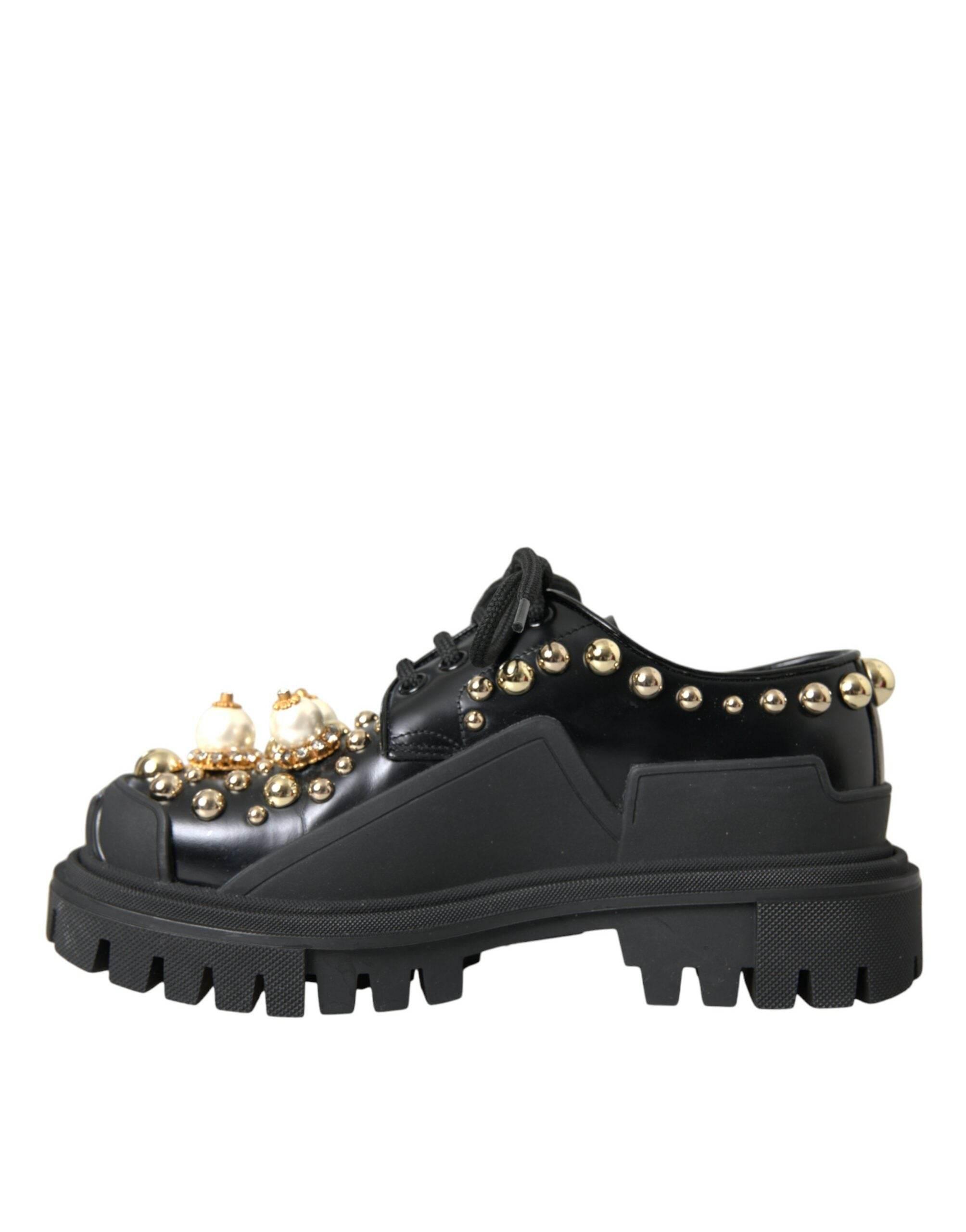 Dolce & Gabbana Black Leather Trekking Derby Embellished Shoes - Hilstor