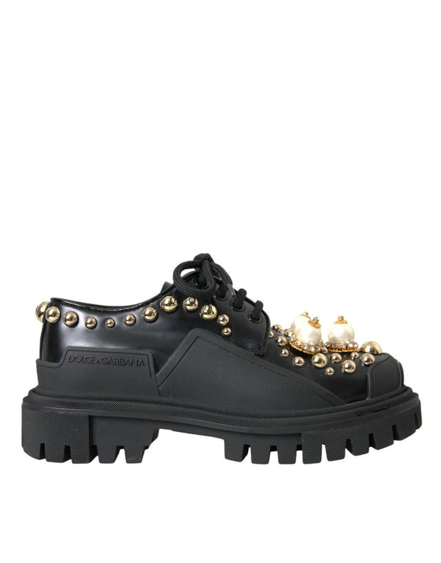 Dolce & Gabbana Black Leather Trekking Derby Embellished Shoes - Hilstor