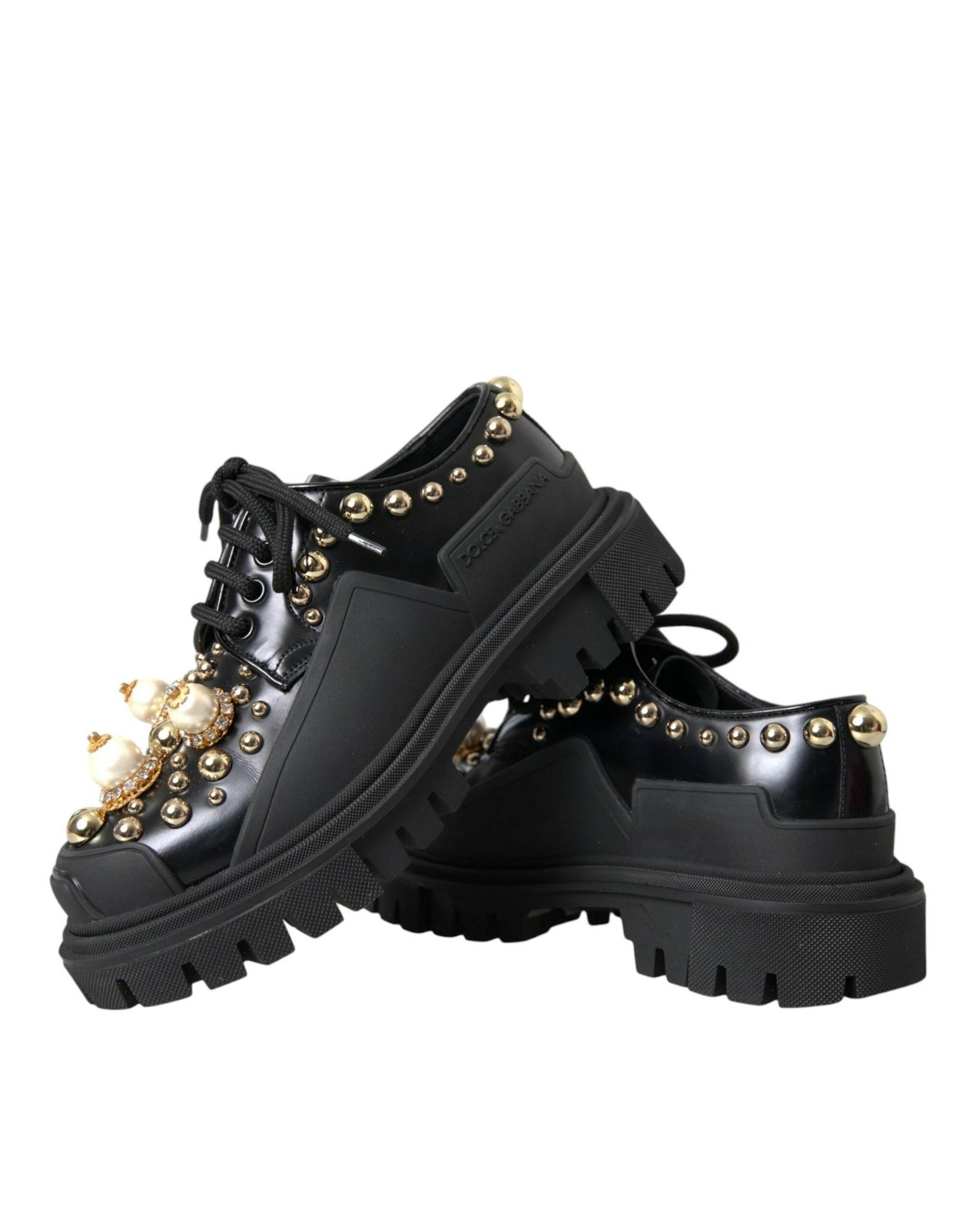 Dolce & Gabbana Black Leather Trekking Derby Embellished Shoes - Hilstor
