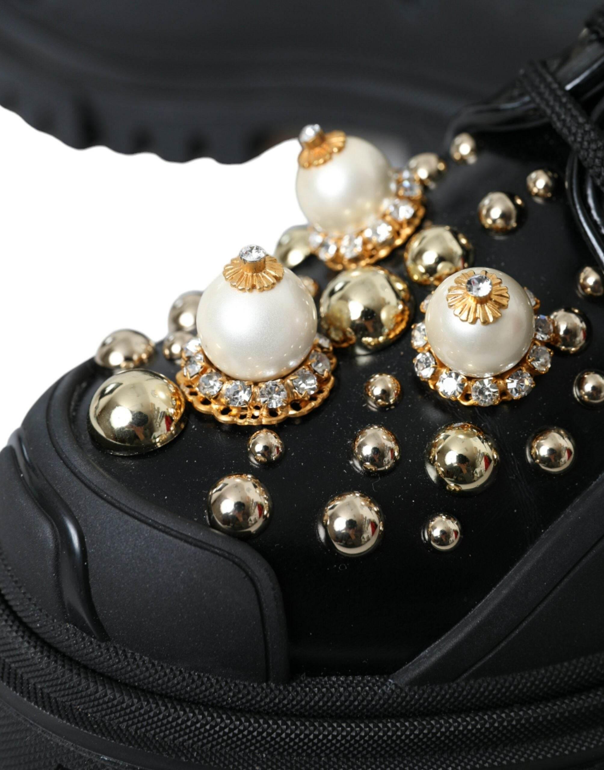 Dolce & Gabbana Black Leather Trekking Derby Embellished Shoes - Hilstor