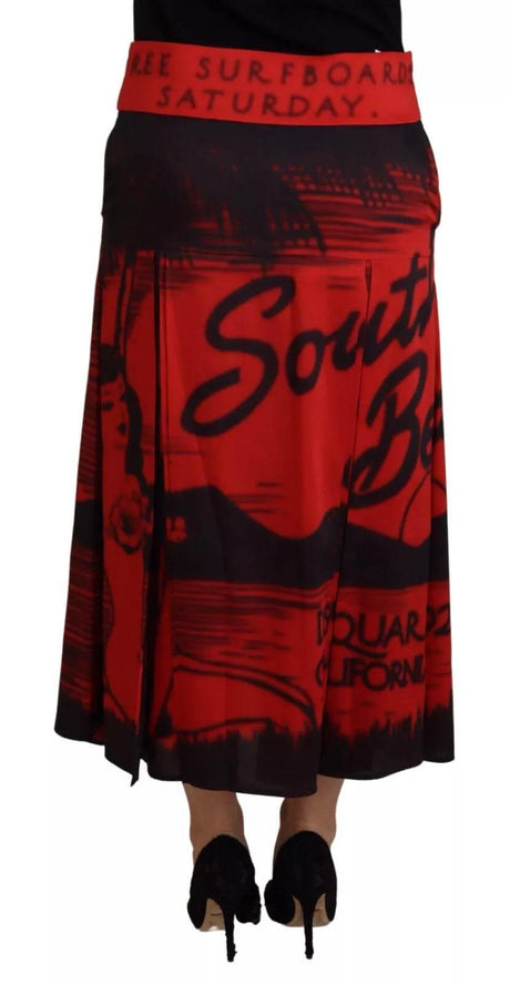 Dsquared² Red Printed High Waist A-line Pleated Midi Skirt - Hilstor