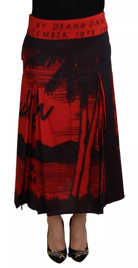 Dsquared² Red Printed High Waist A-line Pleated Midi Skirt - Hilstor