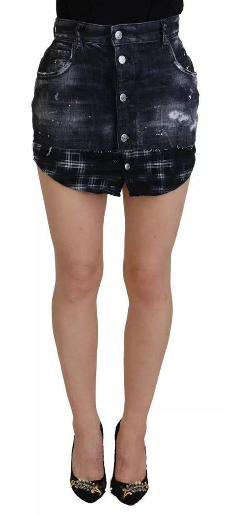 Dsquared² Black Checkered High Waist A-line Denim Mini Skirt - Hilstor