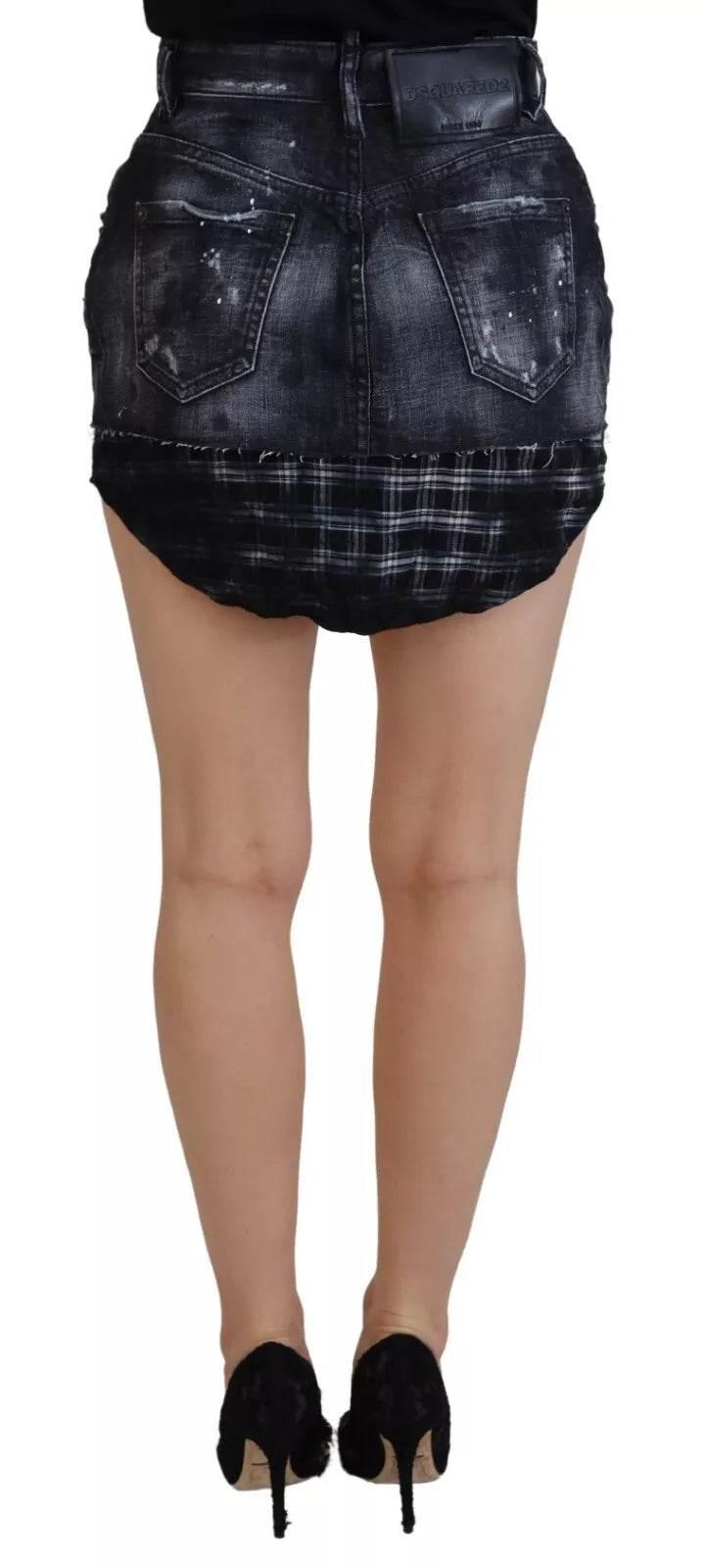 Dsquared² Black Checkered High Waist A-line Denim Mini Skirt - Hilstor
