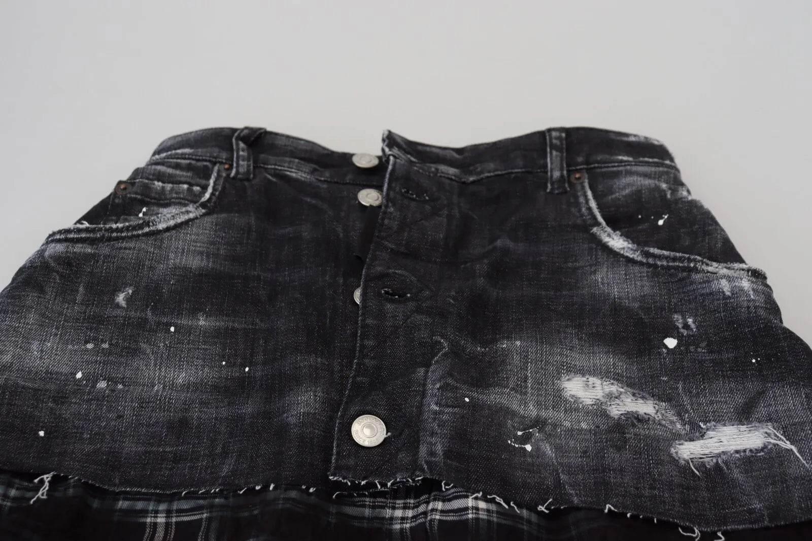 Dsquared² Black Checkered High Waist A-line Denim Mini Skirt - Hilstor