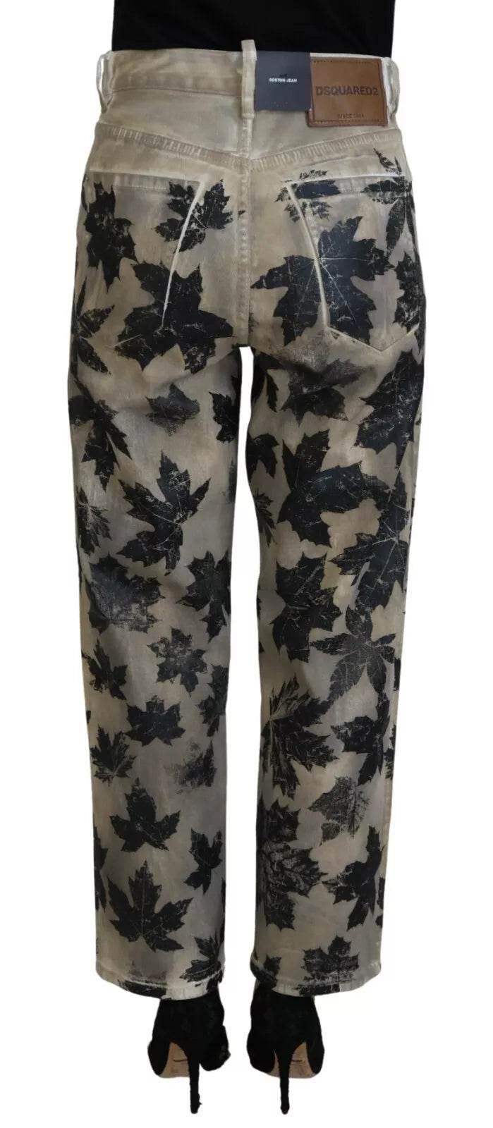 Dsquared² Beige Leaves Cotton High Waist Denim Jeans Boston - Hilstor