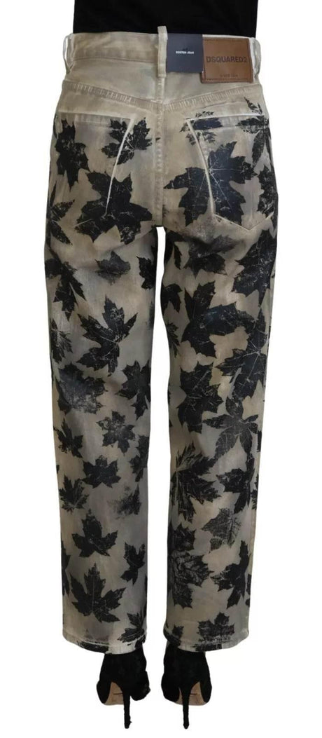Dsquared² Beige Leaves Cotton High Waist Denim Jeans Boston - Hilstor