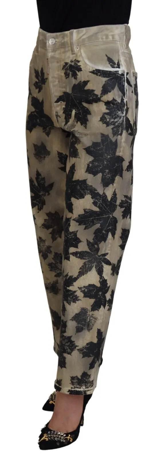 Dsquared² Beige Leaves Cotton High Waist Denim Jeans Boston - Hilstor