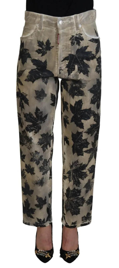 Dsquared² Beige Leaves Cotton High Waist Denim Jeans Boston - Hilstor