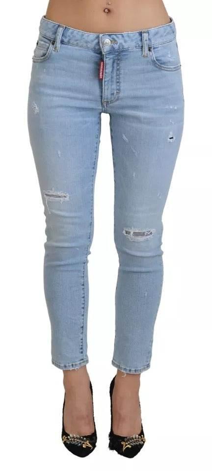 Dsquared² Blue Tattered Mid Waist Cropped Twiggy Denim Jeans - Hilstor