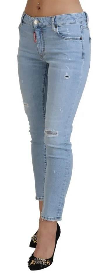 Dsquared² Blue Tattered Mid Waist Cropped Twiggy Denim Jeans - Hilstor