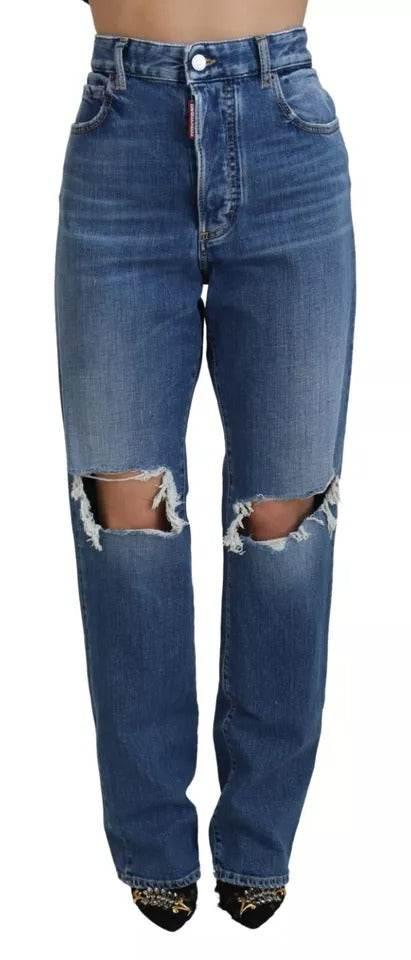 Dsquared² Blue Distressed High Waist Straight Denim Jeans - Hilstor