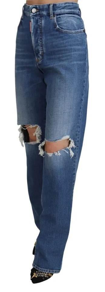 Dsquared² Blue Distressed High Waist Straight Denim Jeans - Hilstor