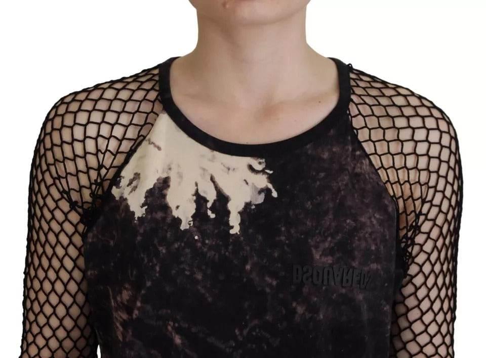 Dsquared² Black Tie Dye Mesh Long Sleeves Cotton Shift Dress - Hilstor