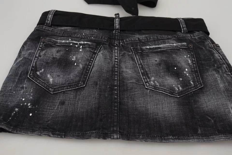 Dsquared² Black Distressed Mid Waist A-line Denim Mini Skirt - Hilstor