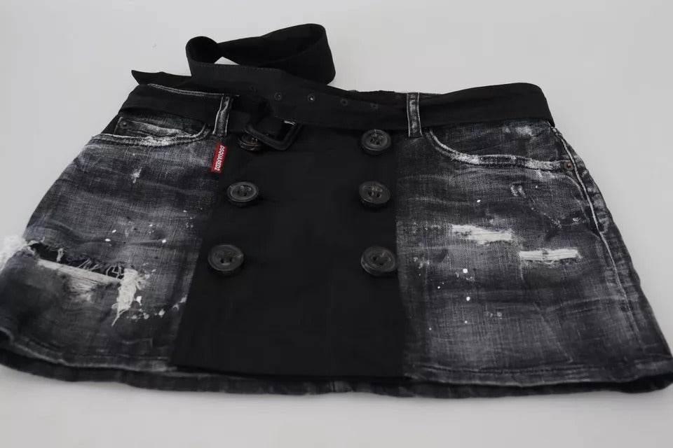 Dsquared² Black Distressed Mid Waist A-line Denim Mini Skirt - Hilstor