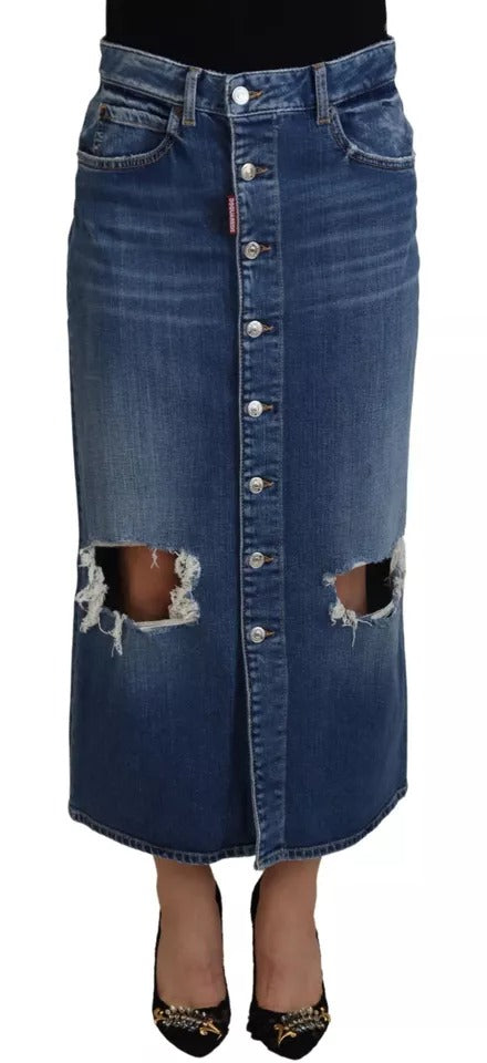 Dsquared² Blue Distressed High Waist Pencil Cut denimnederdel