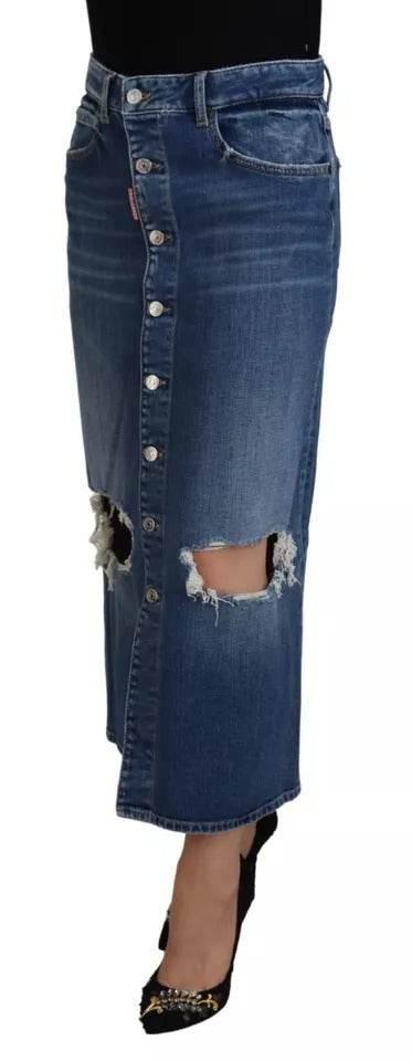 Dsquared² Blue Distressed High Waist Pencil Cut Denim Skirt - Hilstor