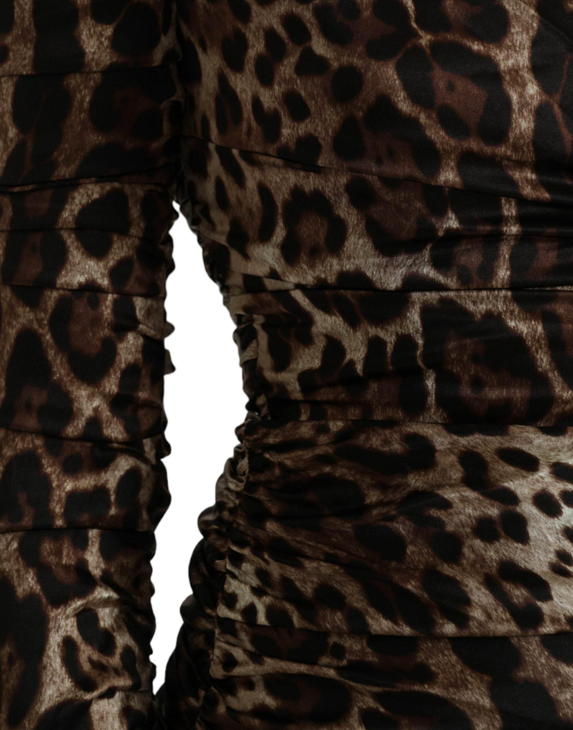 Dolce & Gabbana Brown Leopard Print Bodycon V-neck Midi Dress - Hilstor