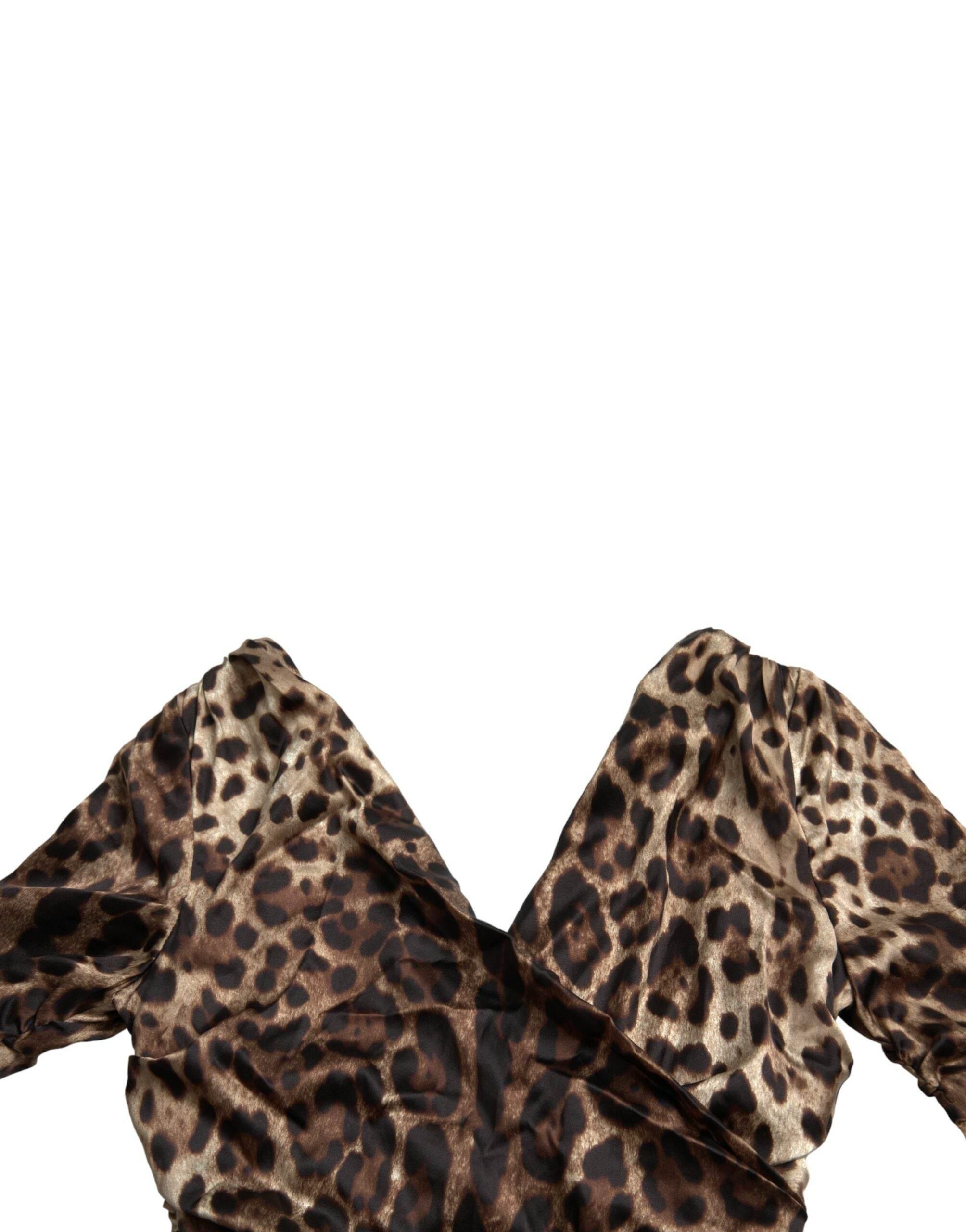 Dolce & Gabbana Brown Leopard Print Bodycon V-neck Midi Dress - Hilstor