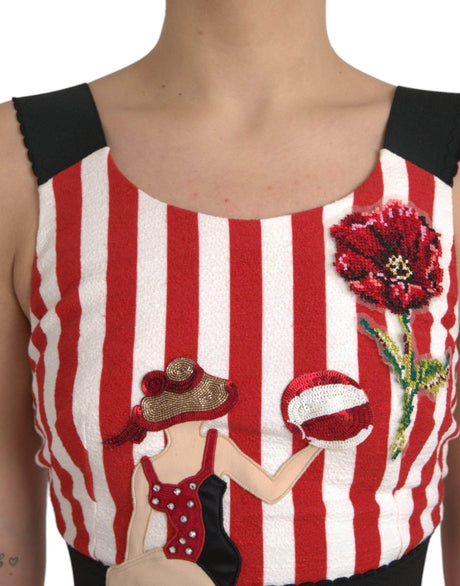 Dolce & Gabbana Red White Floral Sleeveless Sheath Midi Dress - Hilstor