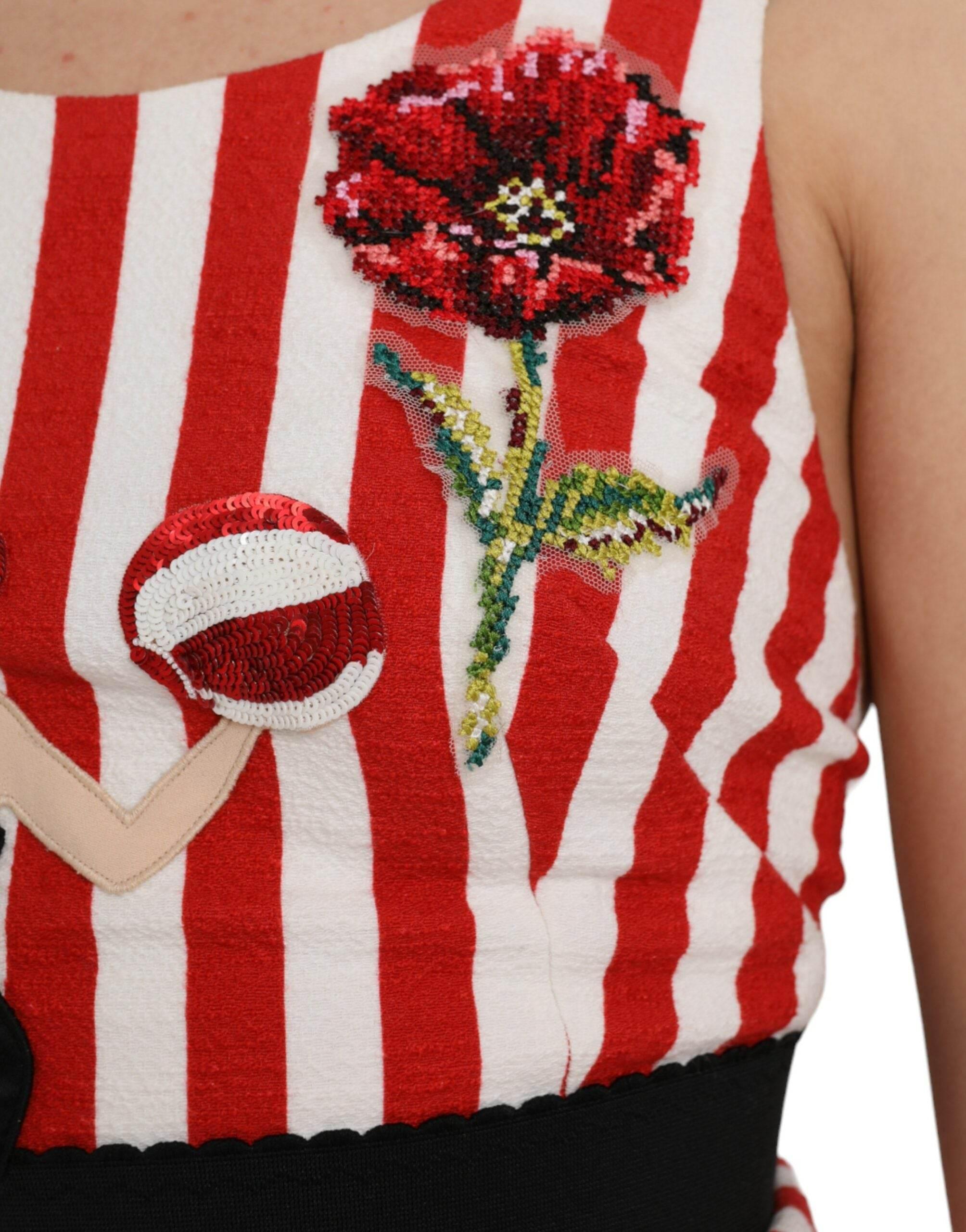 Dolce & Gabbana Red White Floral Sleeveless Sheath Midi Dress - Hilstor