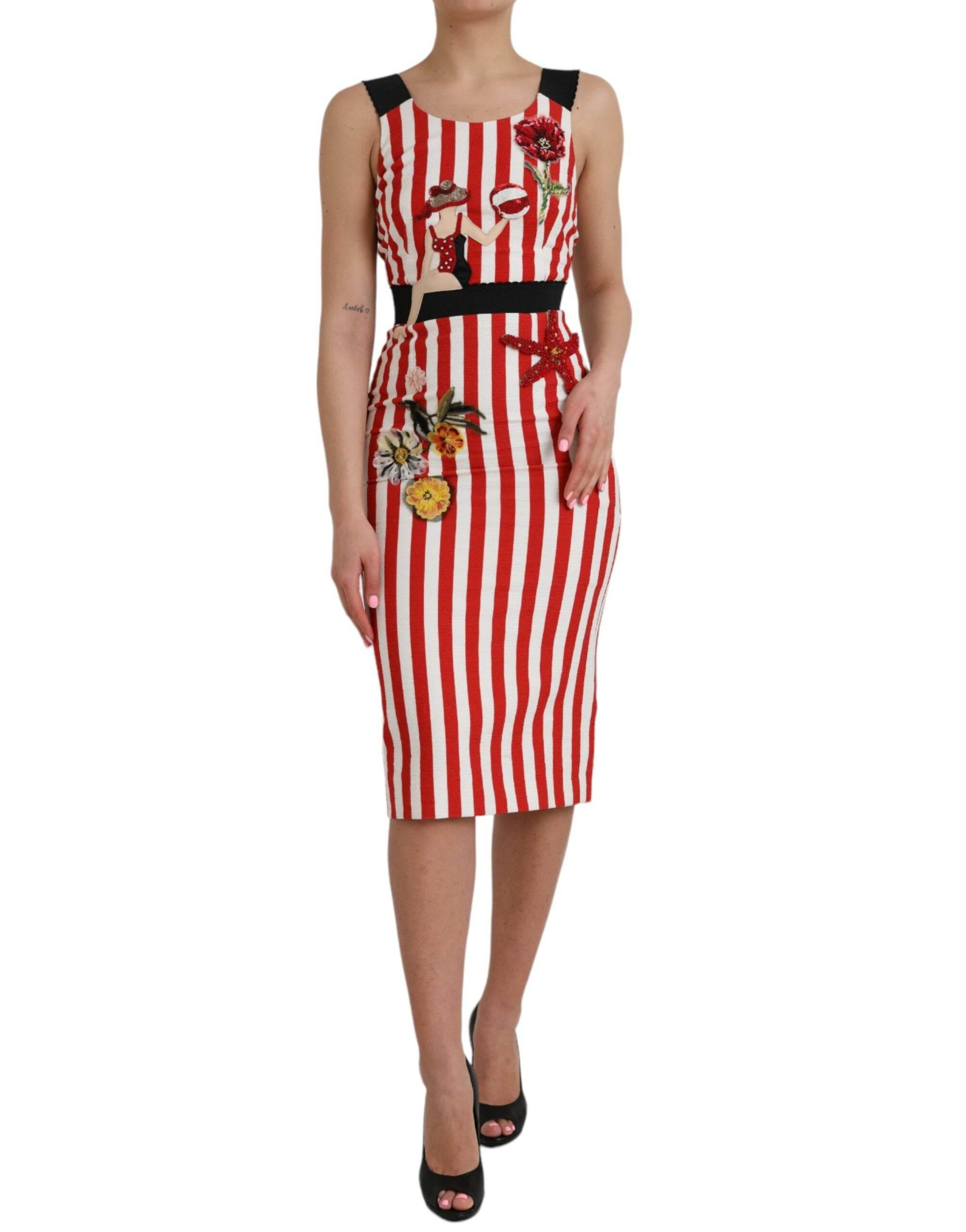 Dolce & Gabbana Red White Floral Sleeveless Sheath Midi Dress - Hilstor