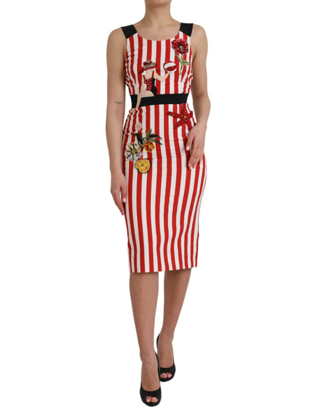 Dolce & Gabbana Red White Floral Sleeveless Sheath Midi Dress - Hilstor