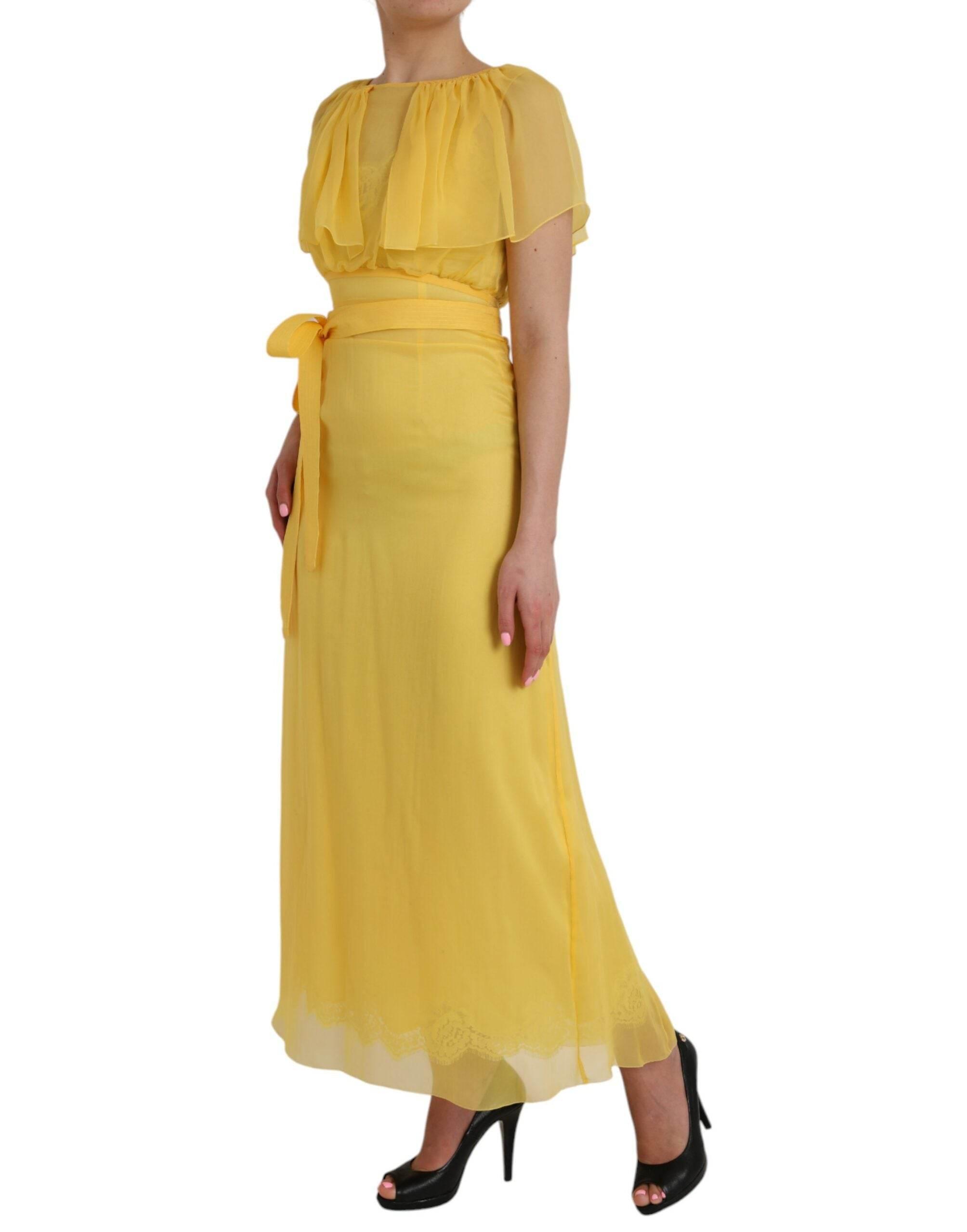 Dolce & Gabbana Yellow Silk Sheath Belted Long Maxi Dress - Hilstor