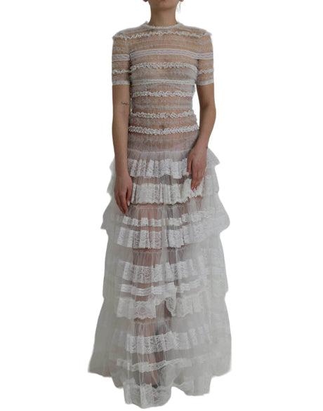 Dolce & Gabbana White Nylon Sheer Tiered Lace Maxi Dress - Hilstor