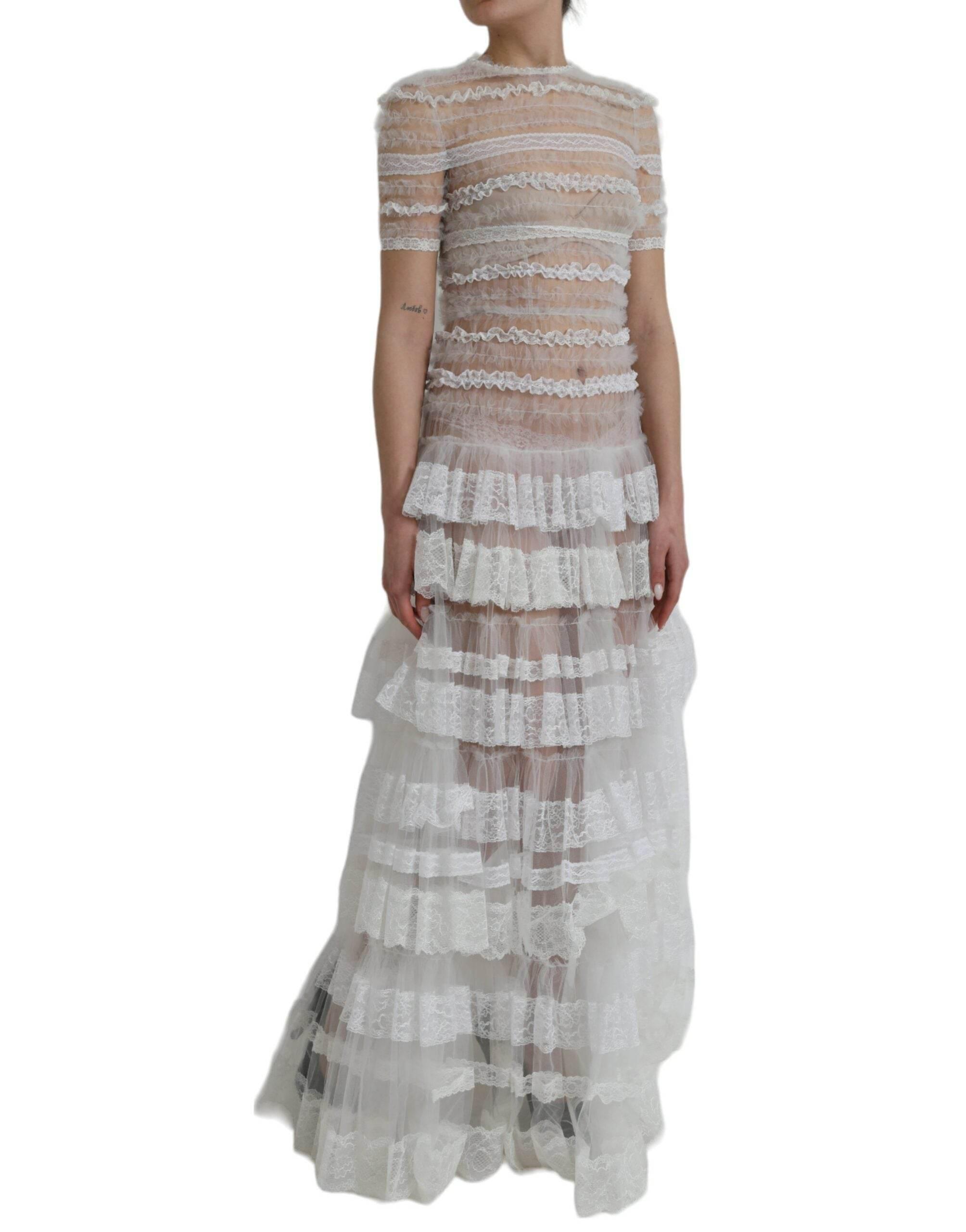 Dolce & Gabbana White Nylon Sheer Tiered Lace Maxi Dress - Hilstor