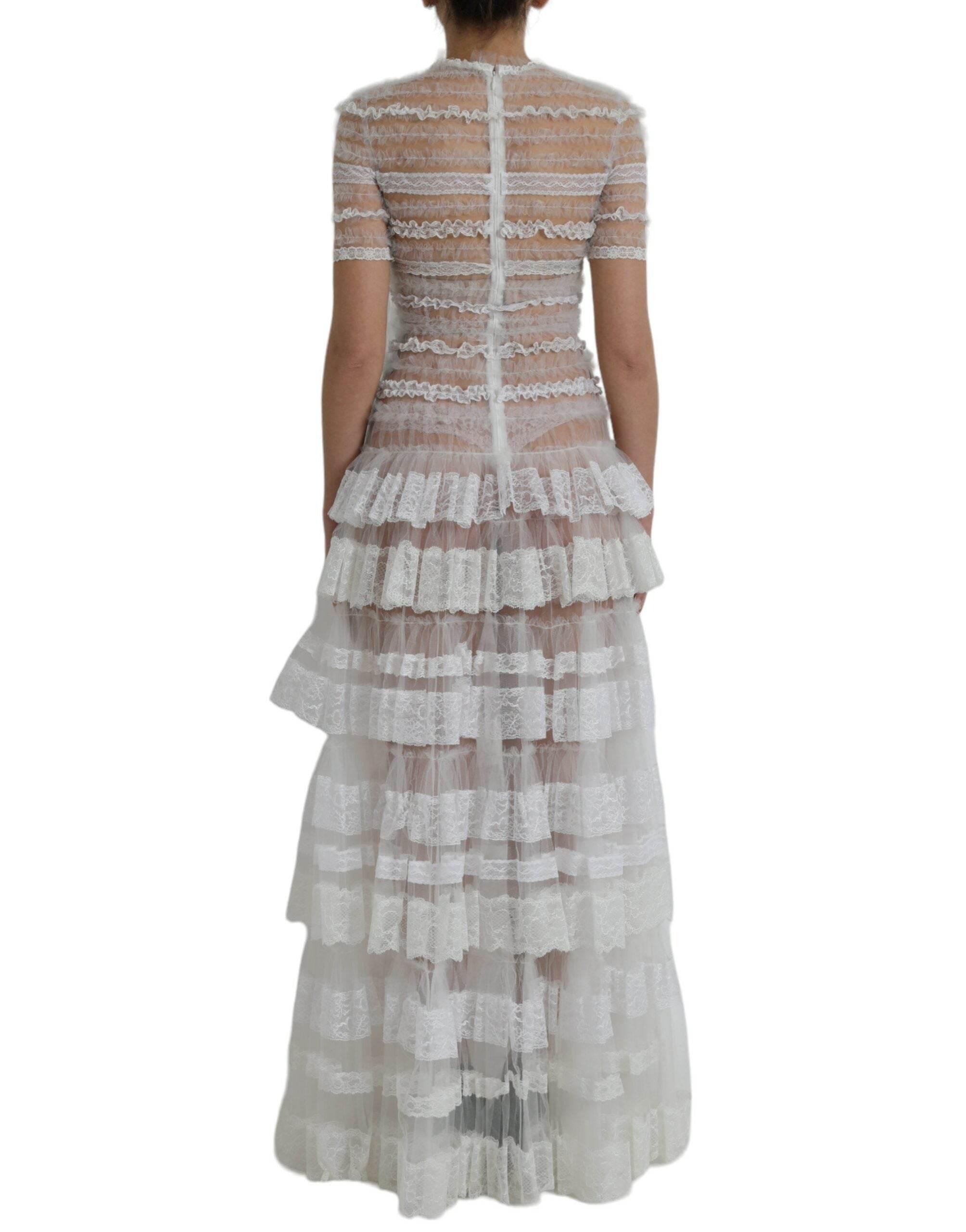 Dolce & Gabbana White Nylon Sheer Tiered Lace Maxi Dress - Hilstor