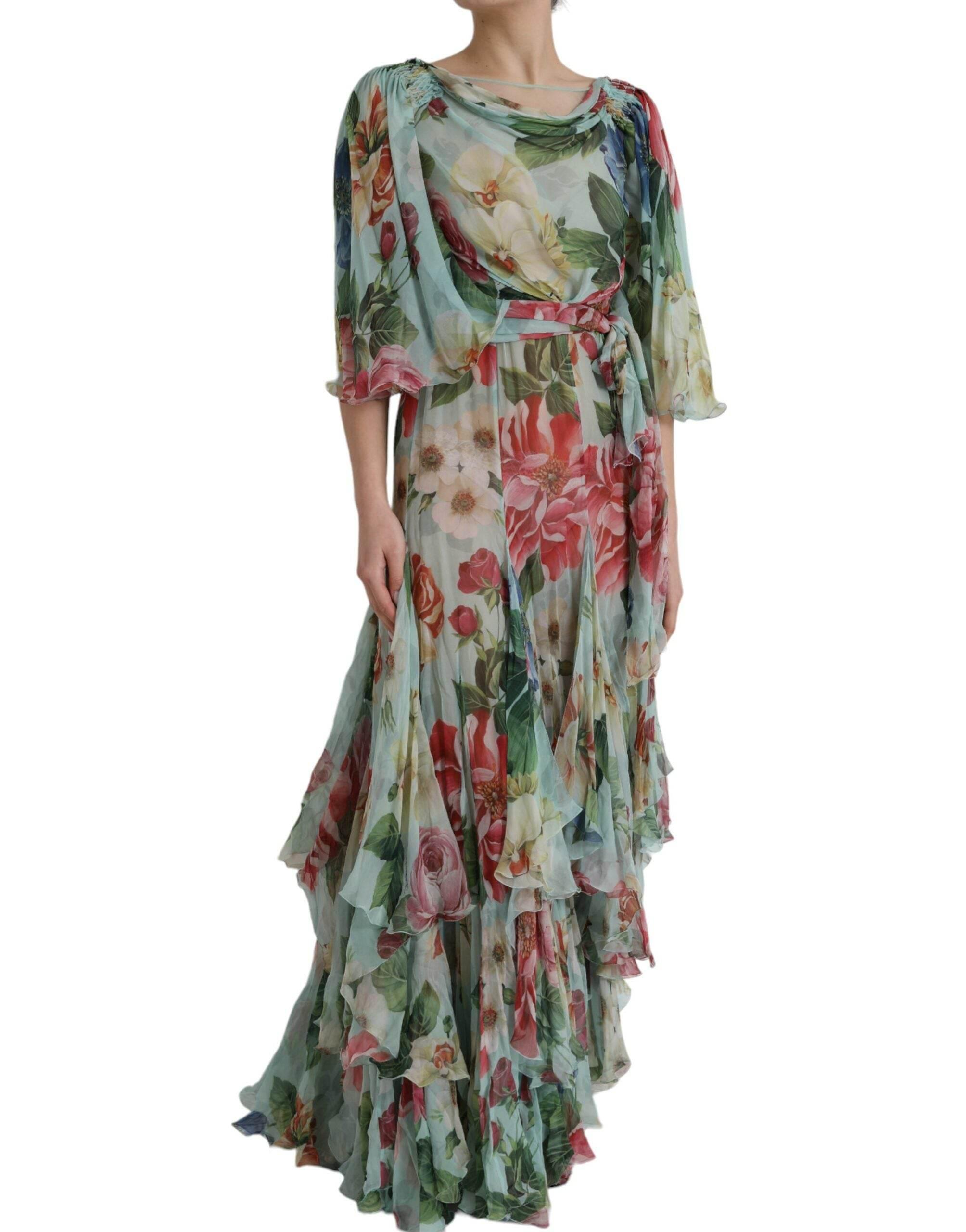 Dolce & Gabbana Blue Floral Print Tiered Long Maxi Dress - Hilstor