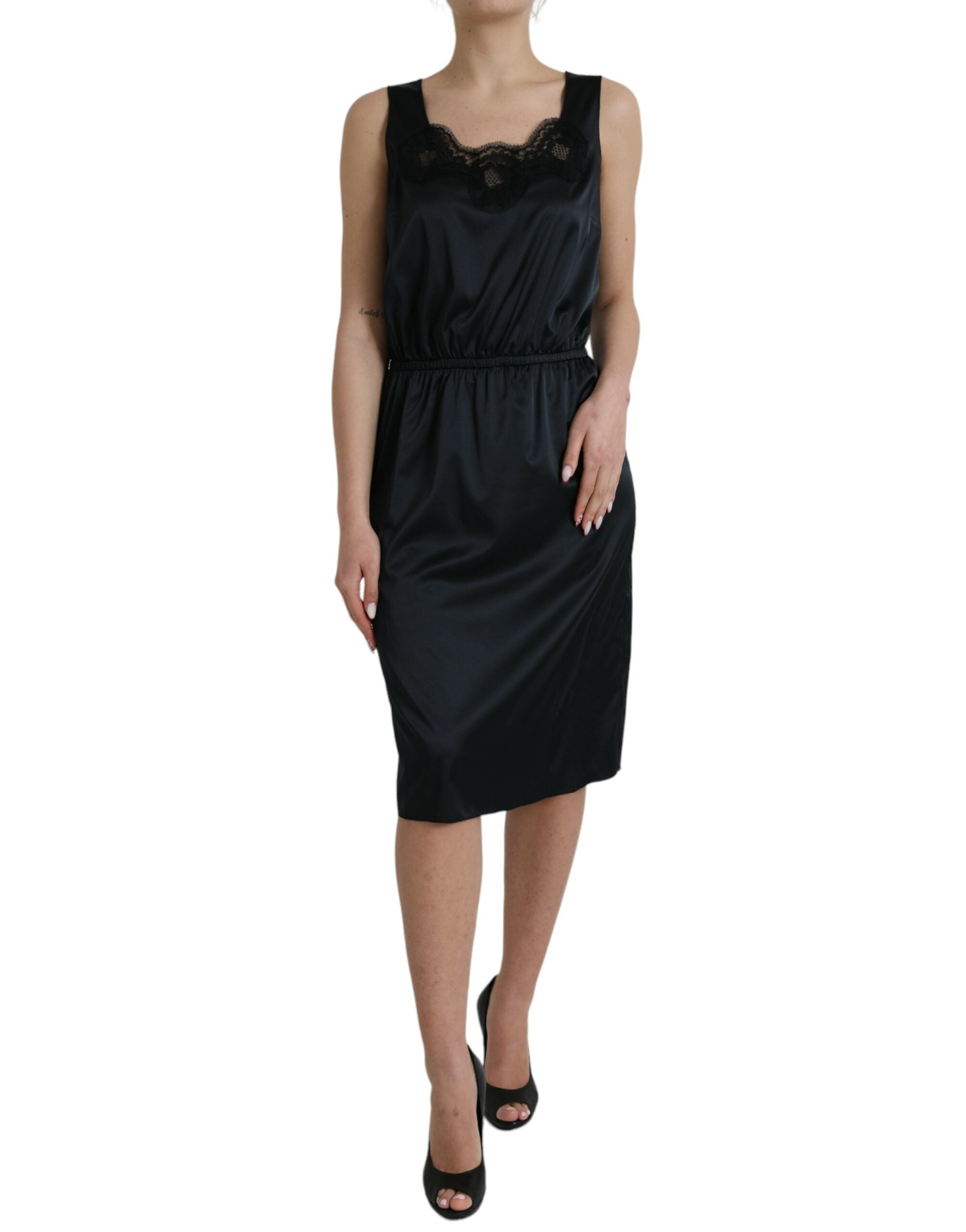 Dolce &amp; Gabbana Svart Polyester Spetskantad Midiklänning