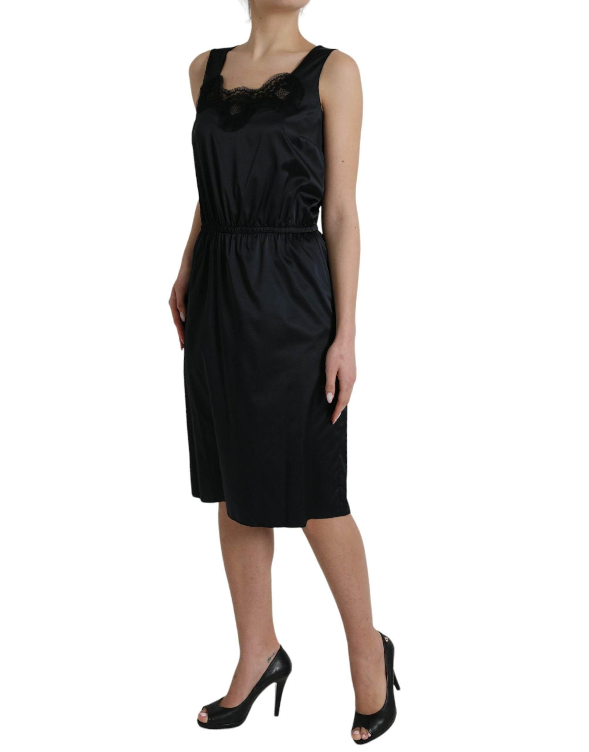 Dolce & Gabbana Black Polyester Lace Trim Sheath Midi Dress - Hilstor
