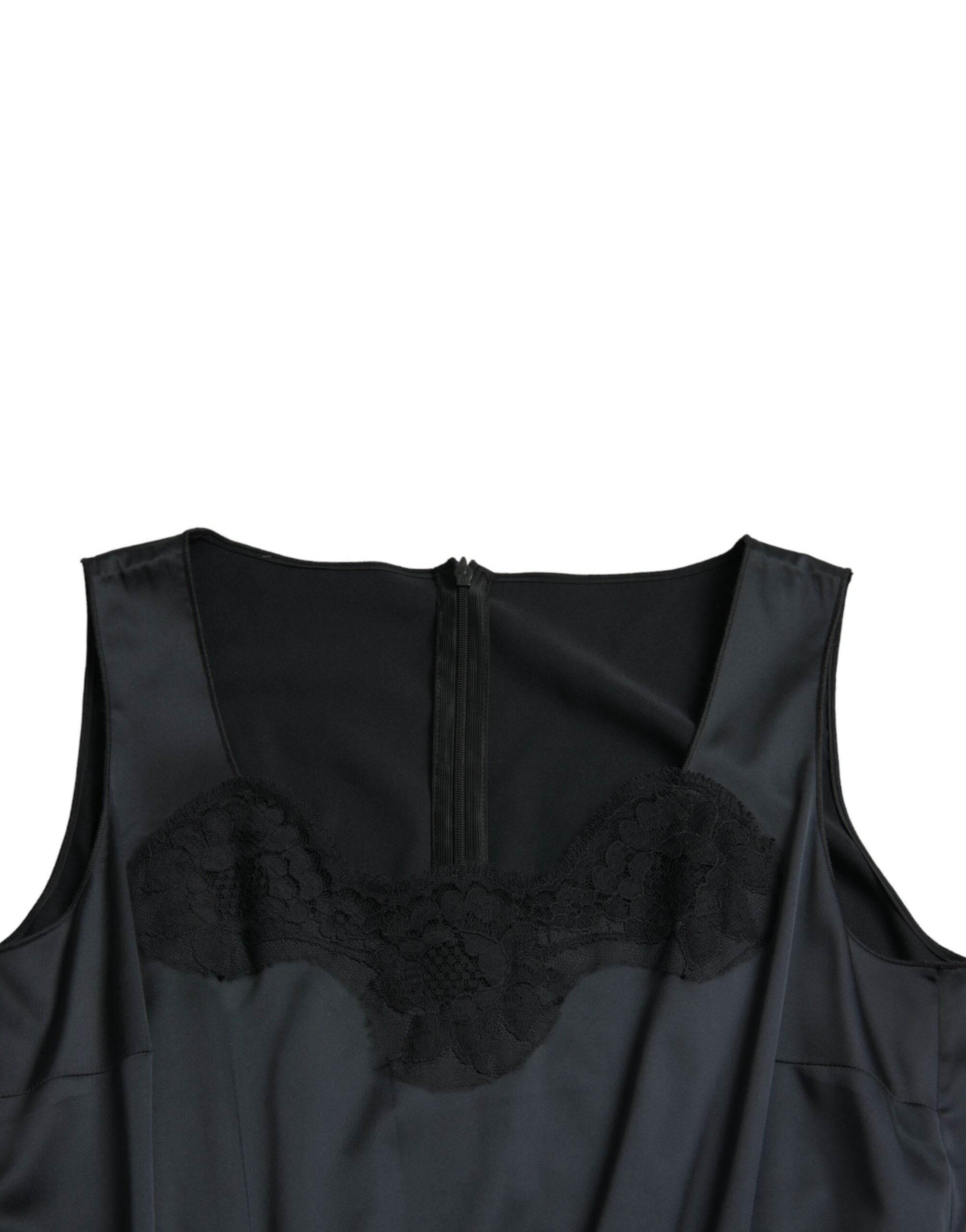Dolce & Gabbana Black Polyester Lace Trim Sheath Midi Dress - Hilstor